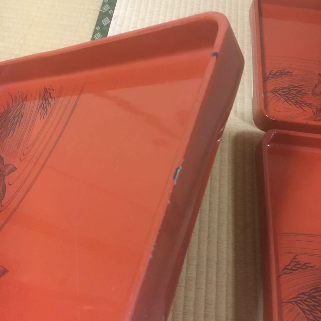 時代物　朱漆会席膳　　漆器懐石膳　5客　　　鯉図　　明治期　アンティーク　骨董