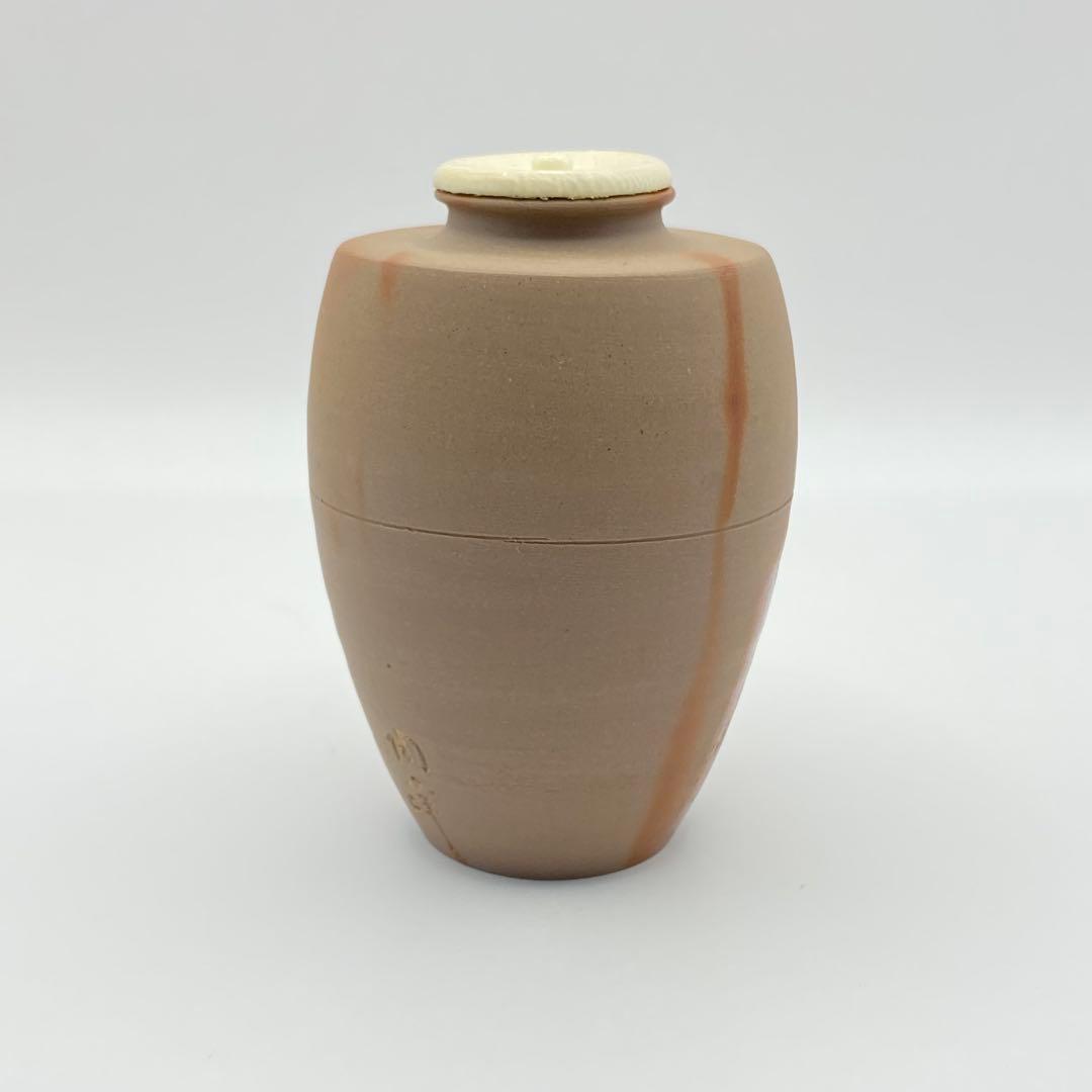 肩衝茶入 備前焼 火襷　木村陶峰　共箱入　茶道具　濃茶器　仕覆:唐松緞子　古美術