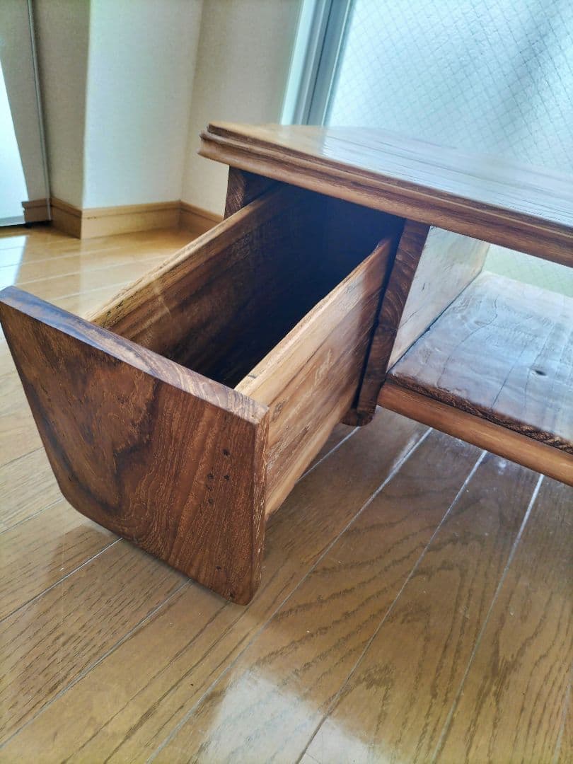 アンティーク家具　無垢チーク材ローテーブル 引き出し付き