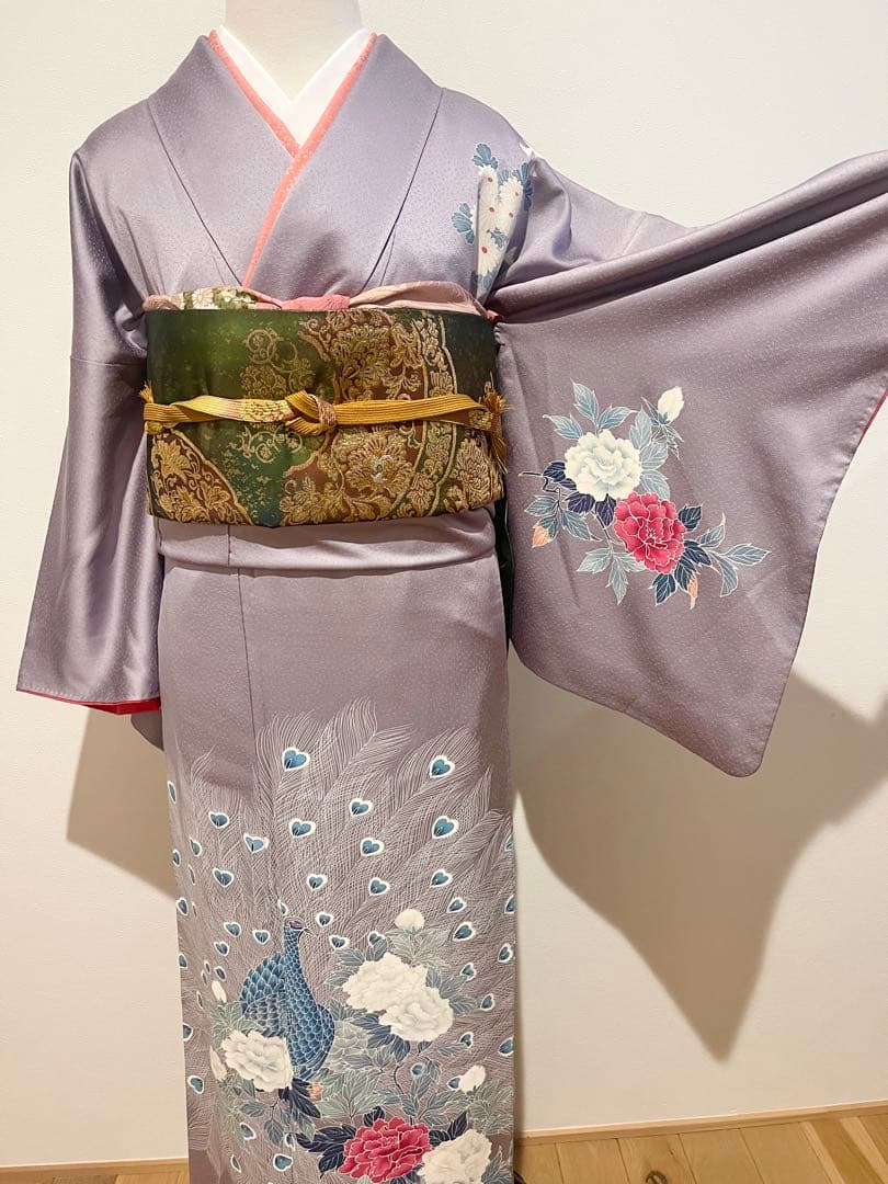 Y*G様 訪問着　訪問着フルセット　ラベンダーグレー　孔雀と牡丹　袋帯