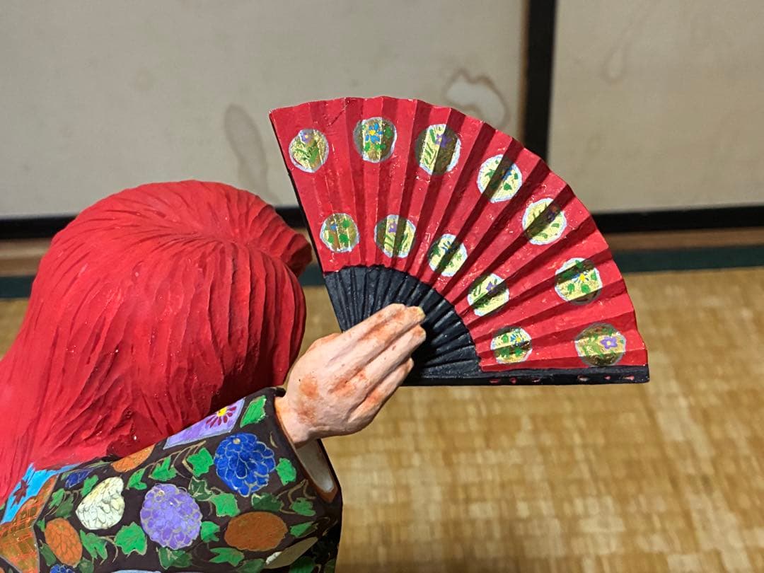 木製 木彫り 彫刻 【池田 秀鳳】伝統的 歌舞伎 赤い髪 人形 在印 共箱