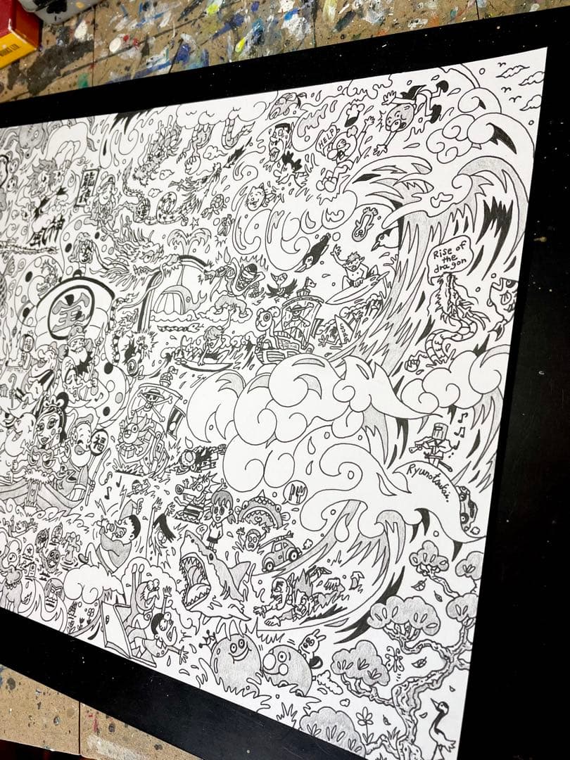 メレンゲ☆ オーダー品 「龍と海と七福神」 一発描き 絵画 龍ノツカイ