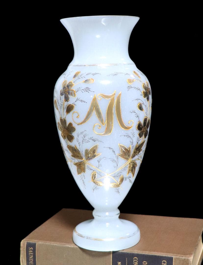 オールド・バカラ 大型30.3cm 金彩花柄花瓶オパーリンクリスタル製壺ゴールド