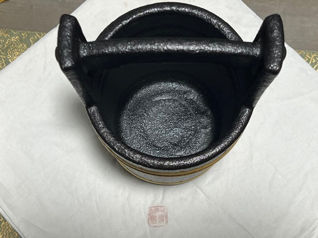 紀州焼葵窯 寒川栖豊 那智黒手桶花入 珍品 茶道具