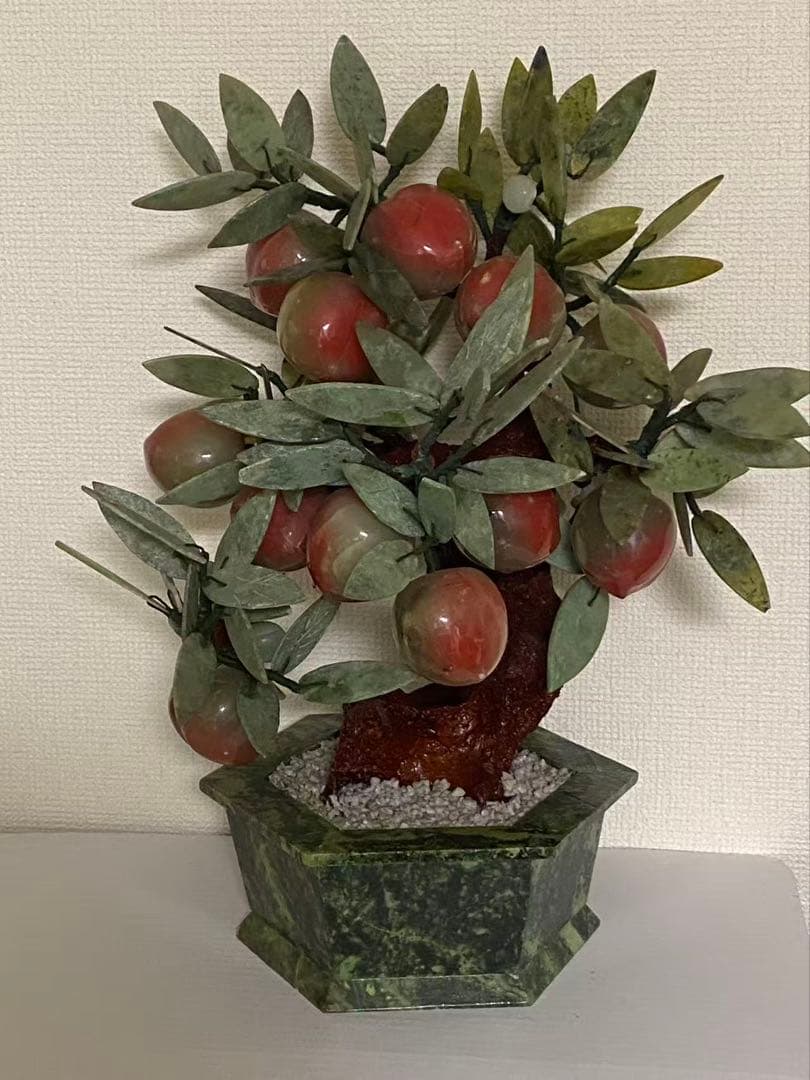 中国美術 玉石翡翠 天然石 桃の木 年代物 盆栽桃樹 玉石 置物