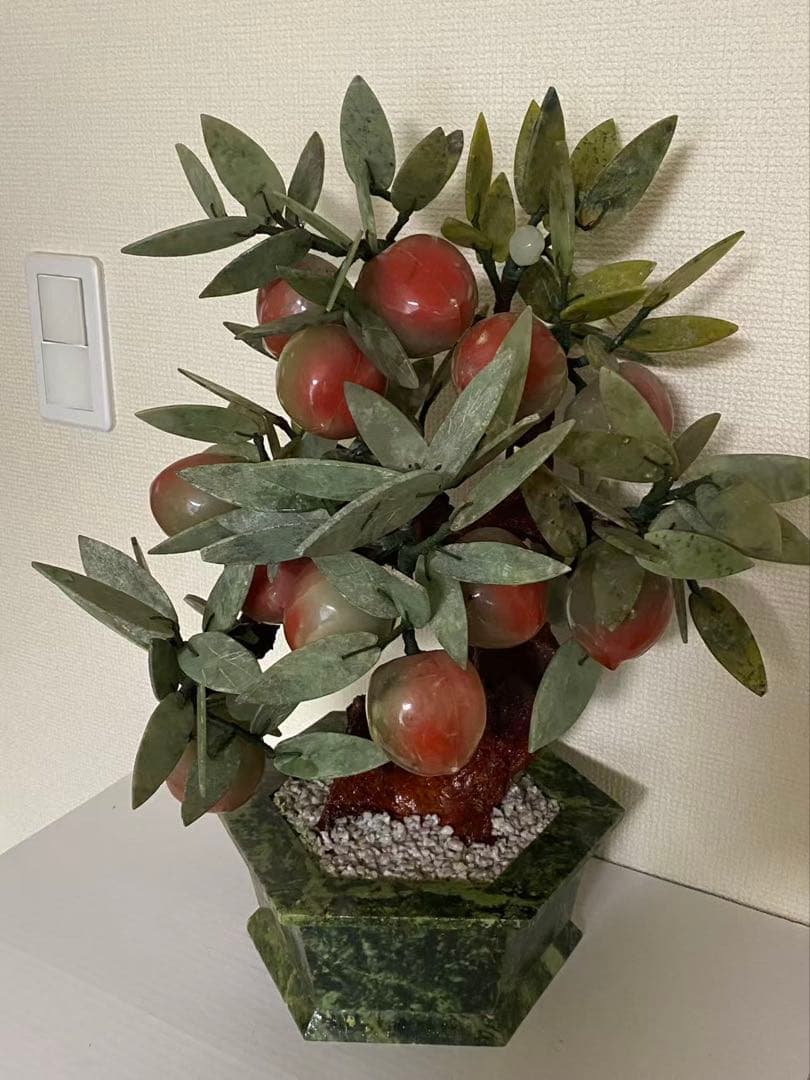 中国美術 玉石翡翠 天然石 桃の木 年代物 盆栽桃樹 玉石 置物