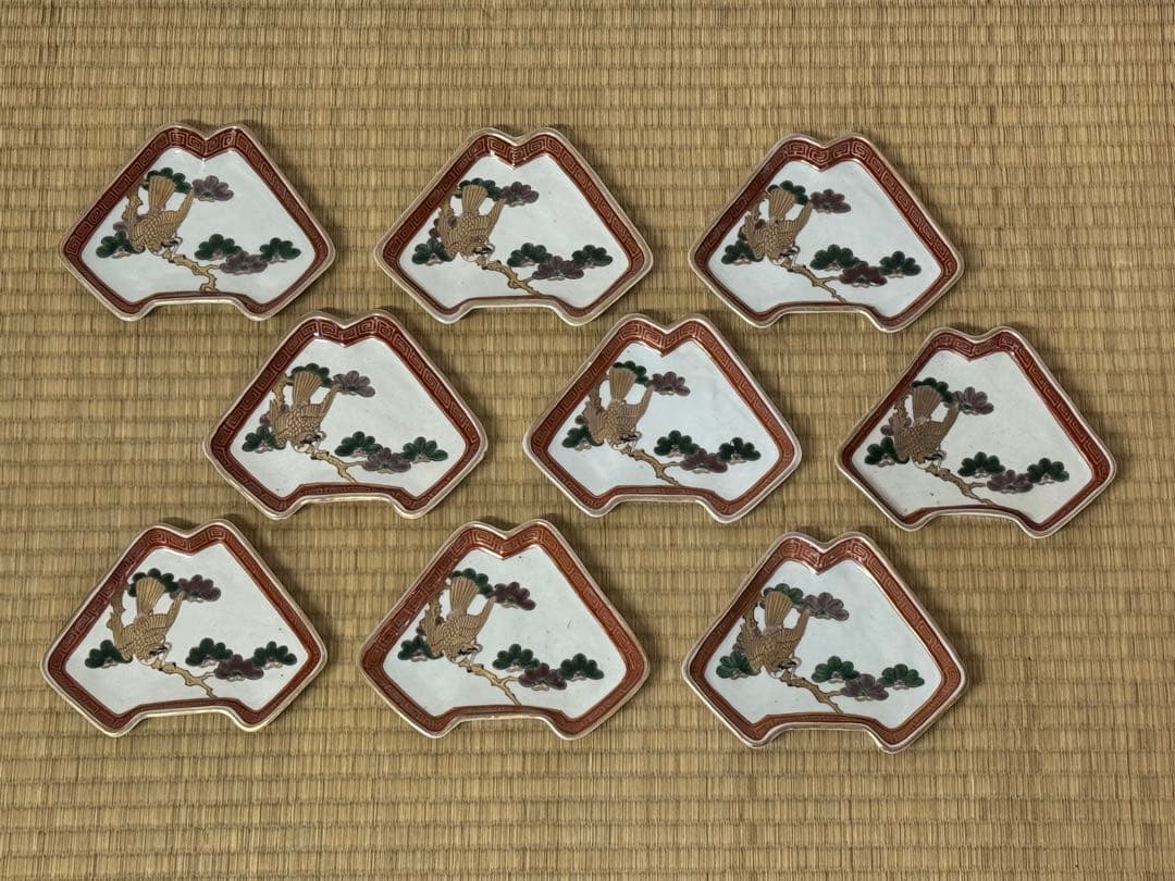 【古伊万里】色絵 「一富士二鷹三茄子」 富士形　変形皿 9客　明治時代