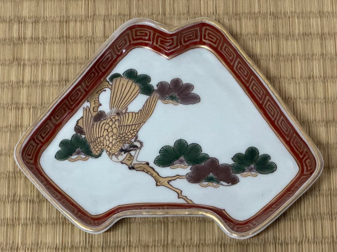 【古伊万里】色絵 「一富士二鷹三茄子」 富士形　変形皿 9客　明治時代