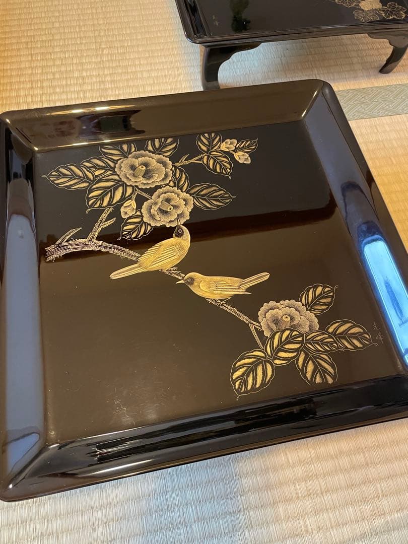 5点セット　脚付膳　お膳台　漆塗り　金　蒔絵　鳥　鷹　鶯　花　紅葉　もみじ　瓢箪