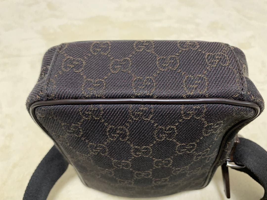 美品★グッチ ショルダーバッグ GGキャンバス×レザー ダークブラウン