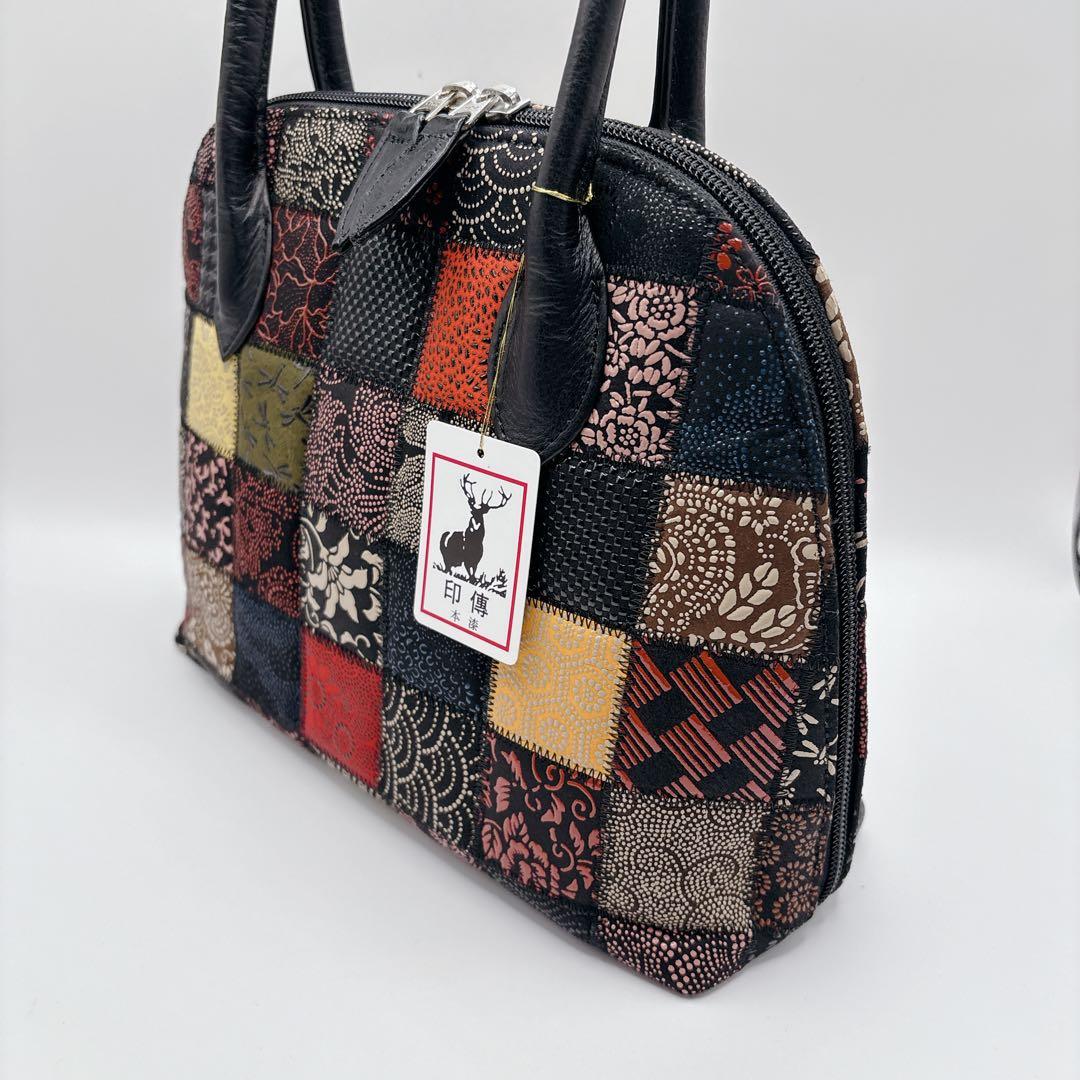 未使用級 印傳屋 印伝 パッチワークハンドバッグ JRA公認 鹿革 長財布付き