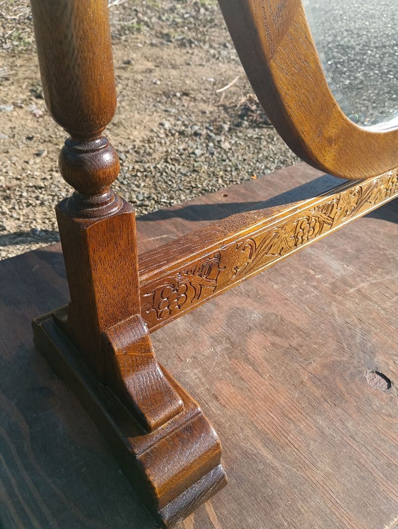 ヴィンテージ　イギリス　姿見　大型　オーバル　手彫り　オーク　スタンド　ミラー