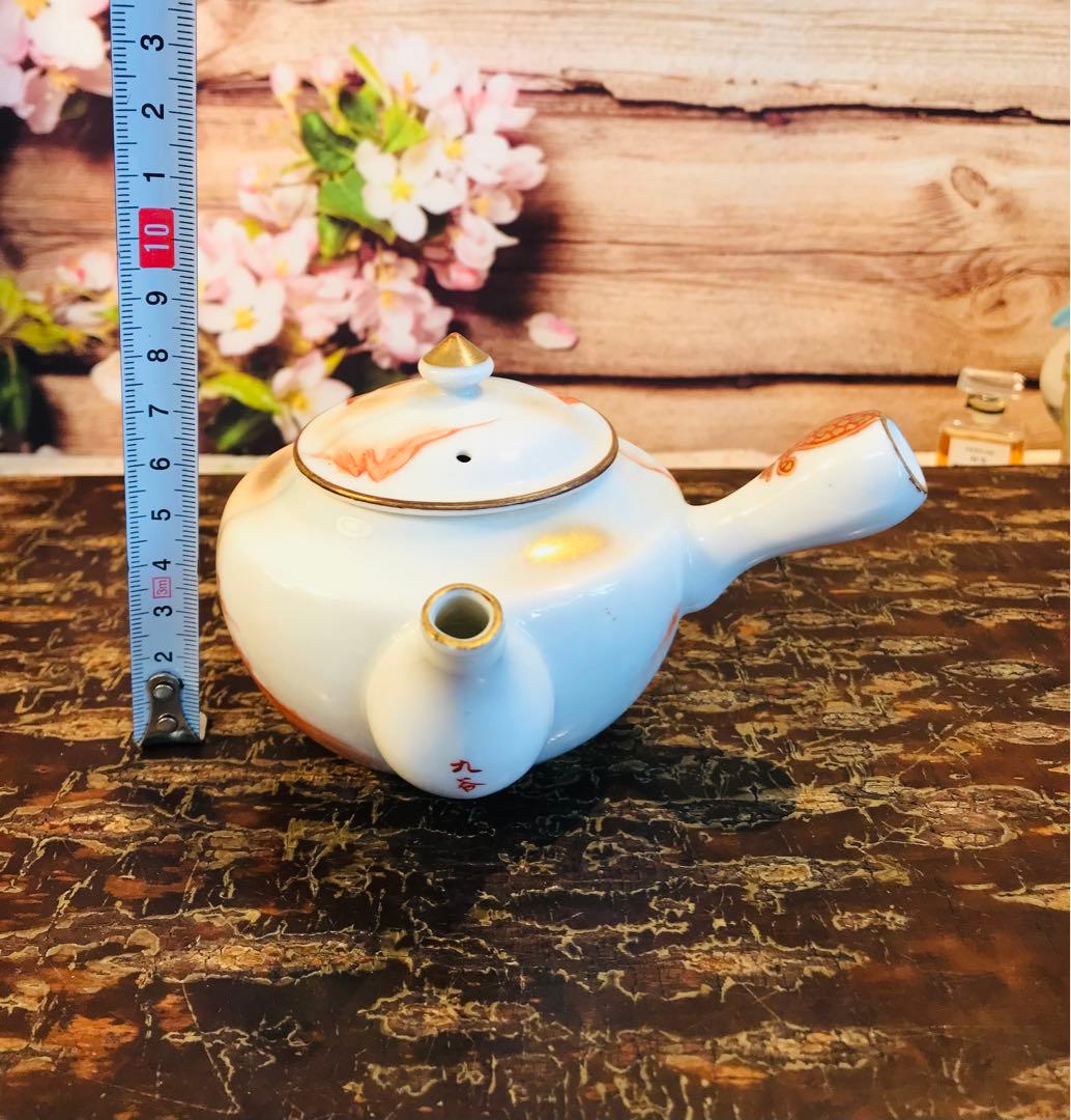 稀少 時代古物 古九谷 赤絵 金彩山水閣楼紋 煎茶器 急須/煎茶碗/湯冷 5点