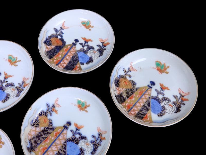 古伊万里　色絵　蝶に菊の図　４寸皿　５枚　C109AS-DAe