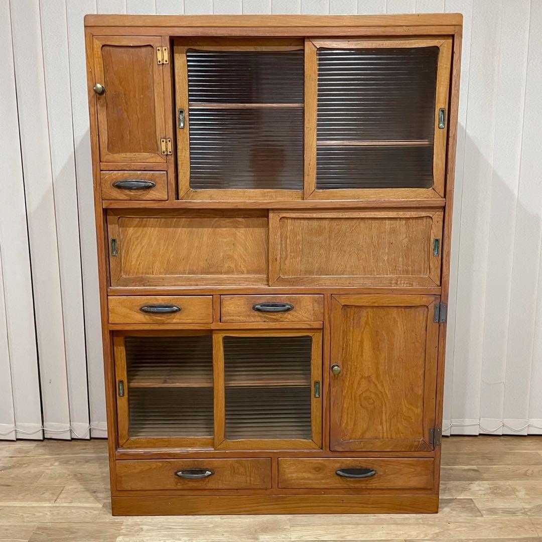 昭和 レトロ　戸棚　モールガラス　食器棚　本棚　アンティーク　当時物　水屋