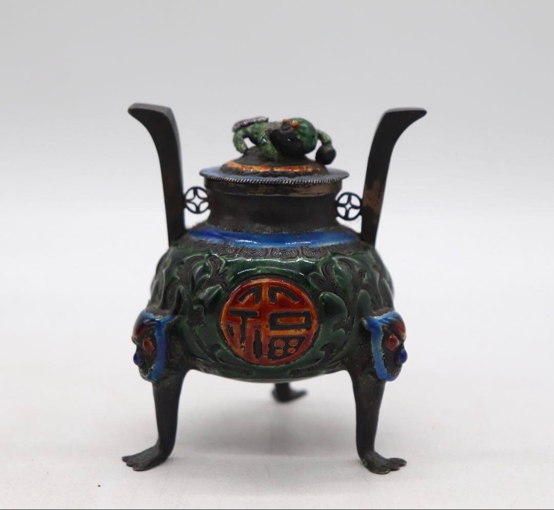 中国　清時代　福寿　銀製七宝焼獣足香炉　木箱入　送料込み250509