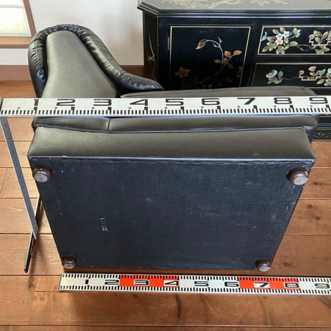 カリモク1人用レザーソファ 黒 中古家具 昭和レトロ