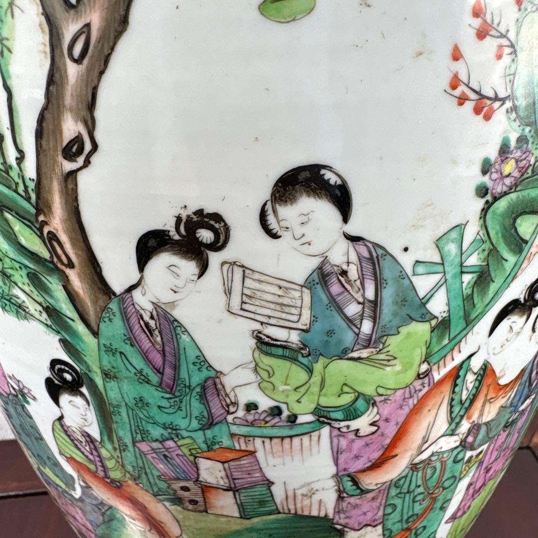 清時代中期 粉彩博古圖紋様 磁器大花瓶 伝世品焼約58cm