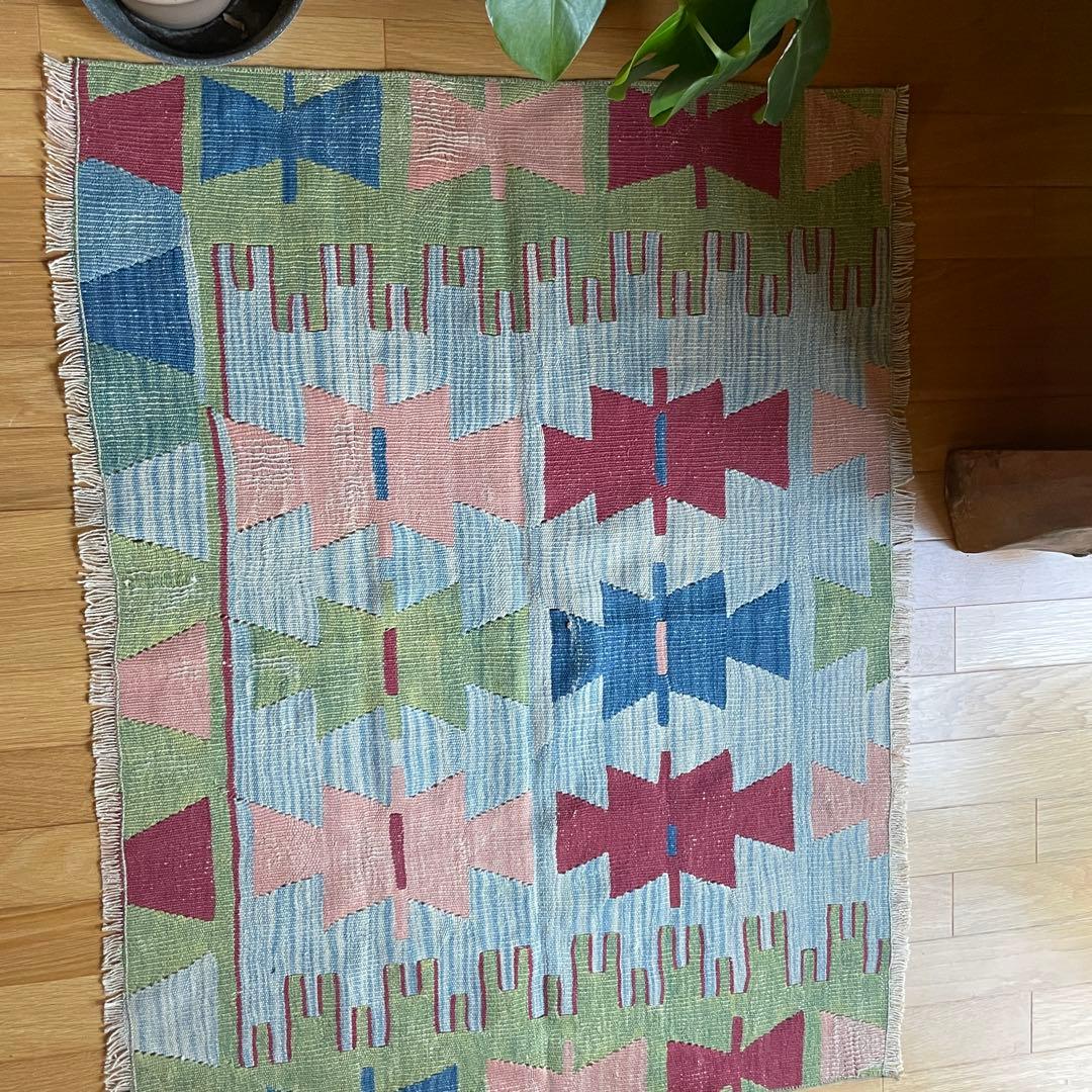109×85㎝◇トルコヴィンテージキリムラグ◇ブルーベース　カラフル1188