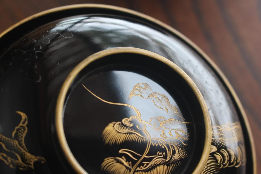 時代逸品！時代金縁黒漆に極上龍富士山沈金の映えるお椀2点（検輪島塗沈金椀懐石椀