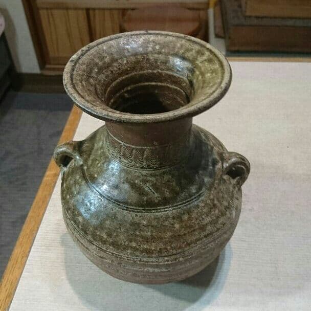 古越州灰陶線刻五筋両耳瓶 周末漢時代