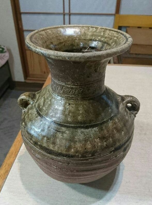 古越州灰陶線刻五筋両耳瓶 周末漢時代