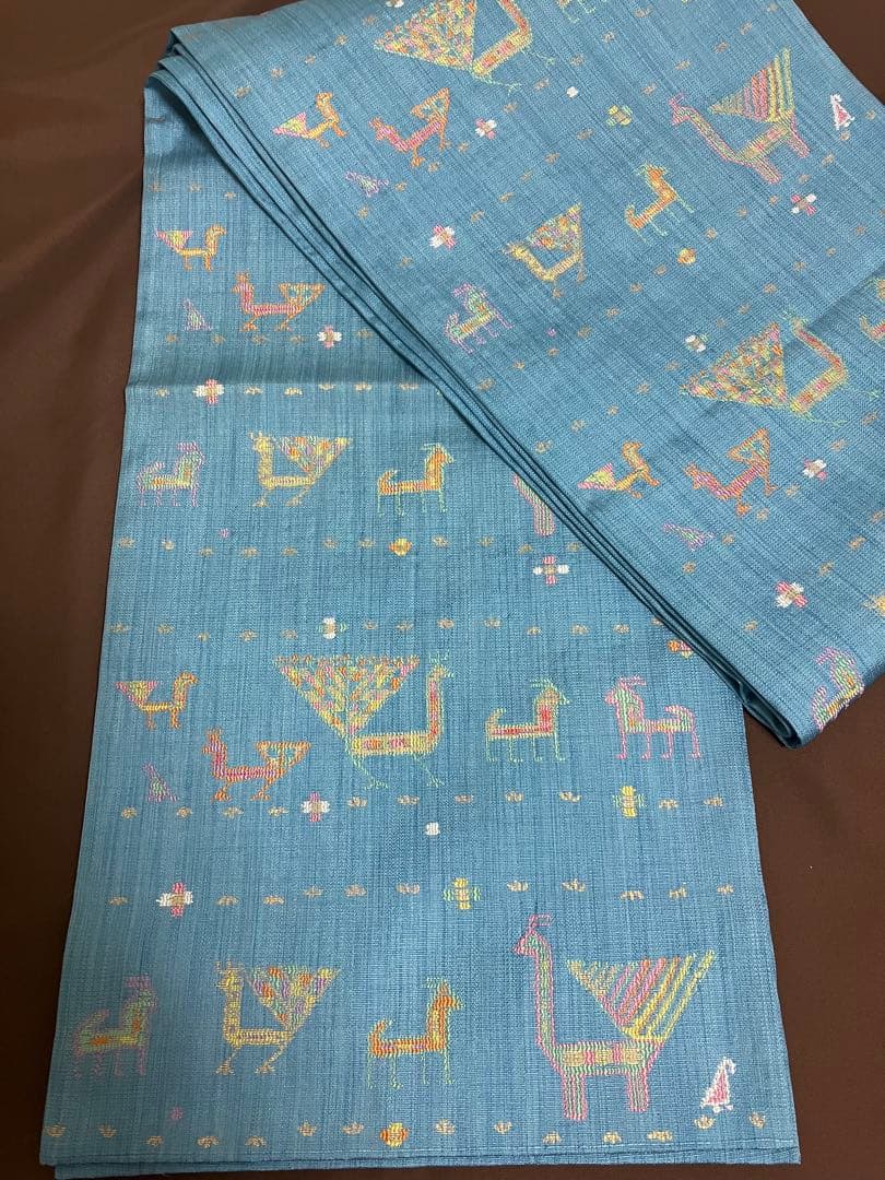 正絹　洒落袋帯 西陣織　異国情緒の可愛らしい動物文様／キリム調　青