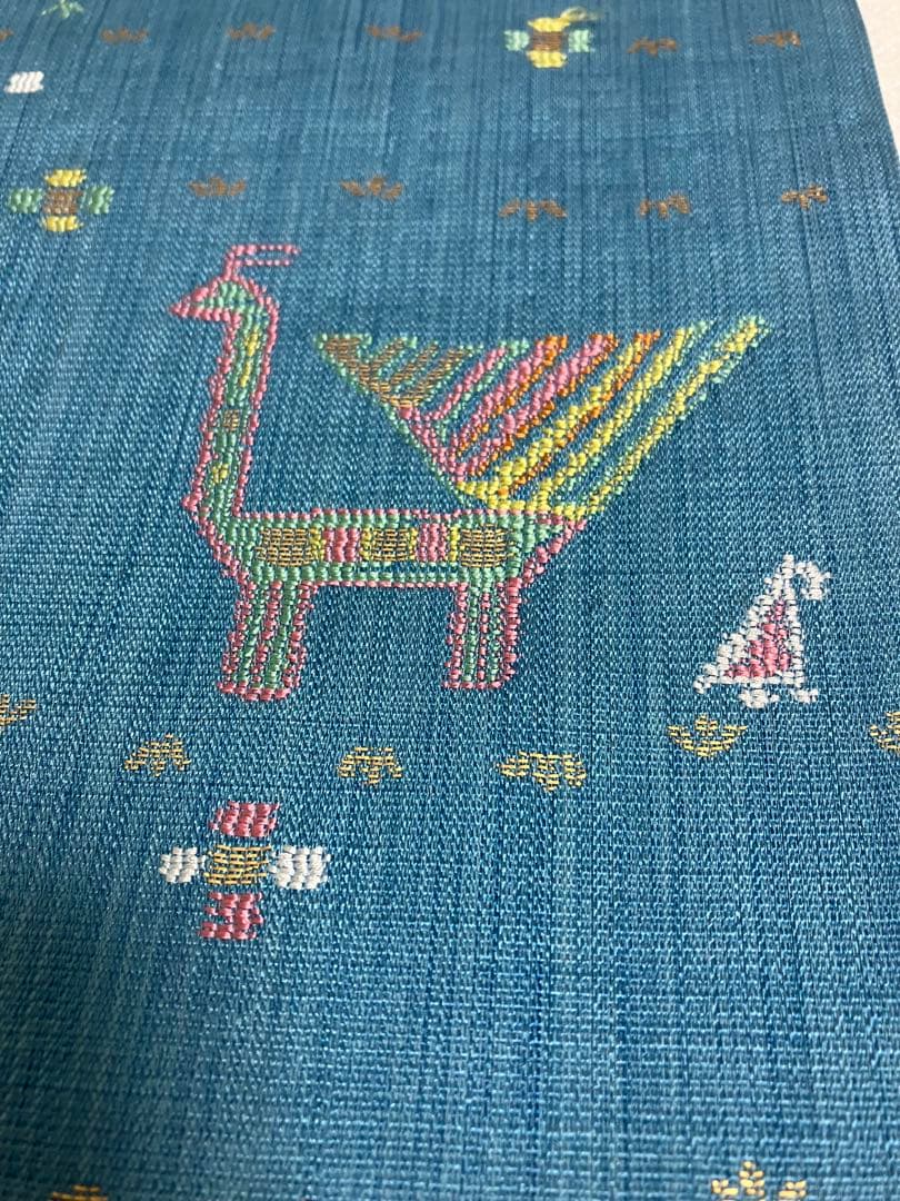 正絹　洒落袋帯 西陣織　異国情緒の可愛らしい動物文様／キリム調　青