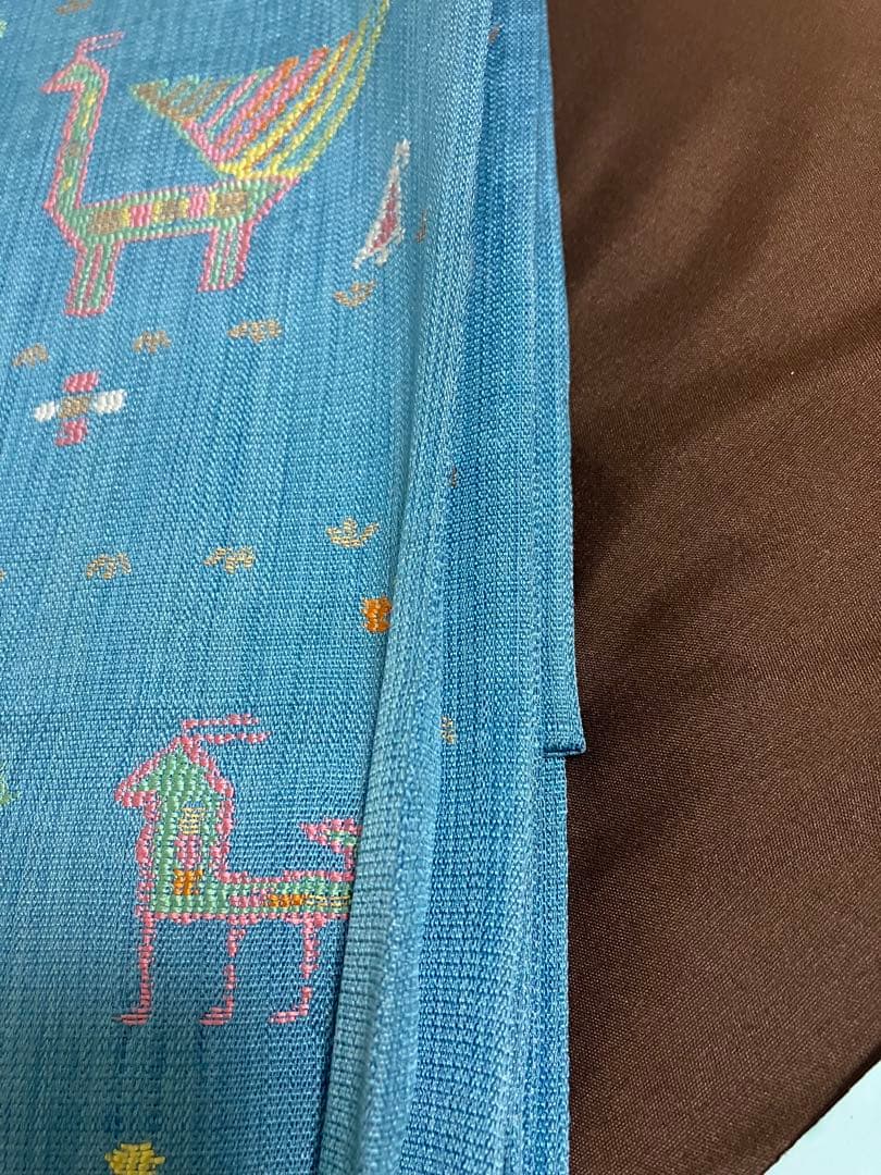 正絹　洒落袋帯 西陣織　異国情緒の可愛らしい動物文様／キリム調　青