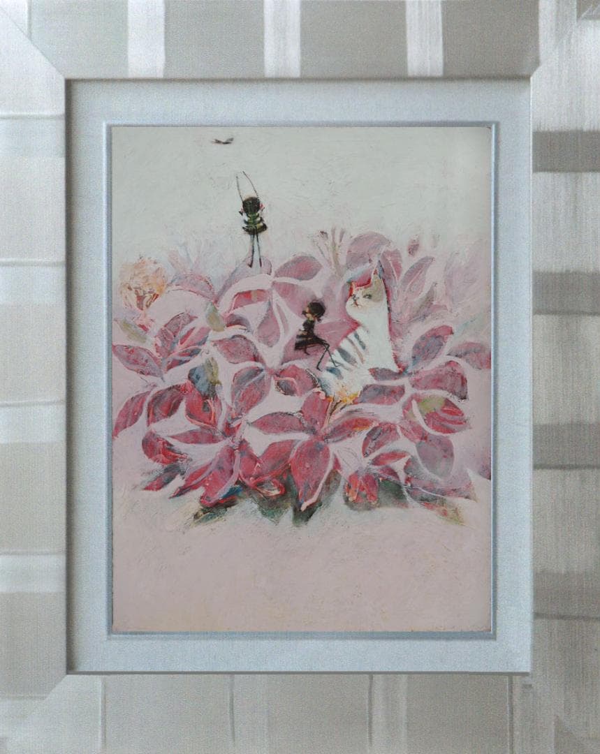 油絵 菅家令子 絵 絵画インテリア額付(白) uF6-070519 子猫と女の子