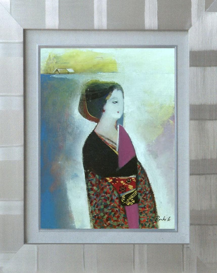 油絵 菅家令子絵 絵画インテリア額付(青緑＋金色の枠)F4-242023和服女性
