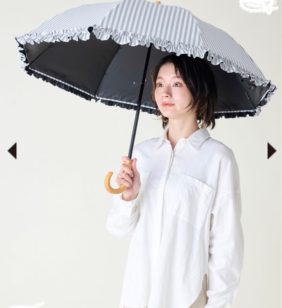 【新品】サンバリア100 折りたたみ日傘、グレー　２段折 フリル / ストライプ