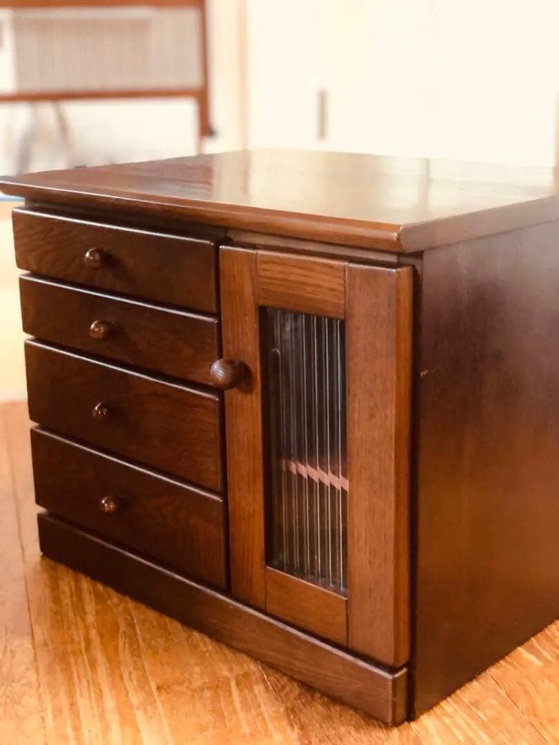 けやき 欅 引き出し4杯 レトロ ガラス 木製収納 シェルフ 民藝家具