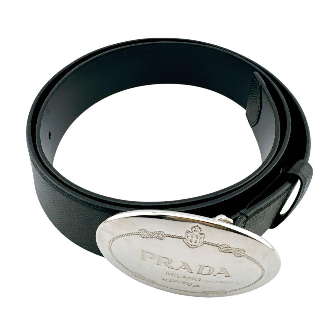 美品◇プラダ サフィアーノレザー メタル ロゴ ベルト ブラック ユニセックス