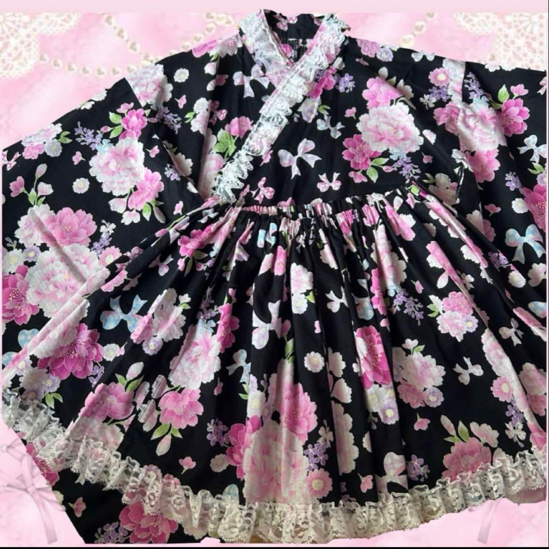 浴衣ドレス♡黒ピンク♡リボン柄150160ML♡②