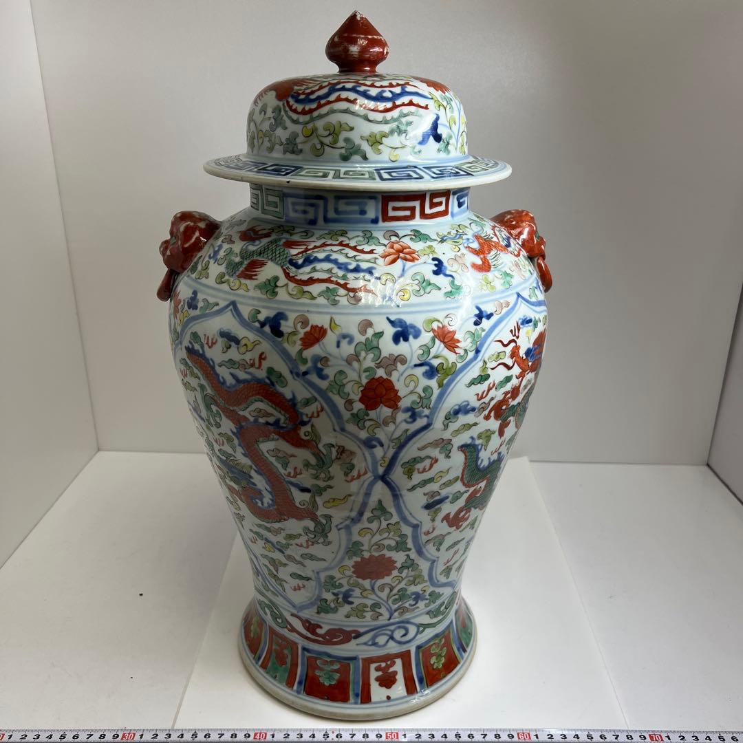 中国美術　景徳鎮　赤絵雲龍図大飾壷　木箱付高さ約53㎝トヒチサ東な8-0104①