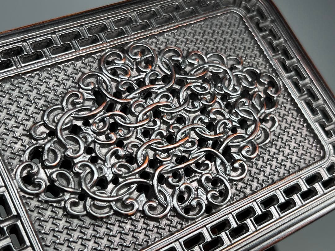 小物入れ　木製　透かし彫り　香炉？　纏枝紋　唐木紫檀　硯箱　古美術　極上彫