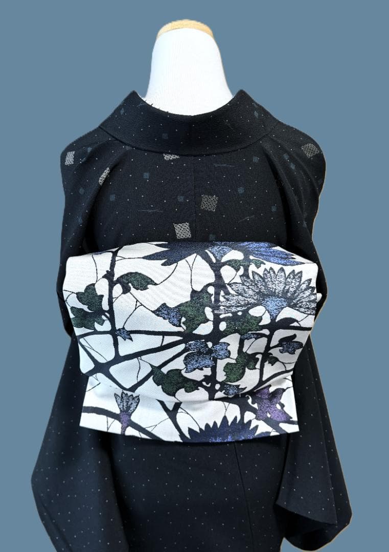 帯５　天然灰汁発酵建藍染からみ菊花　名古屋帯　新品未使用 正絹