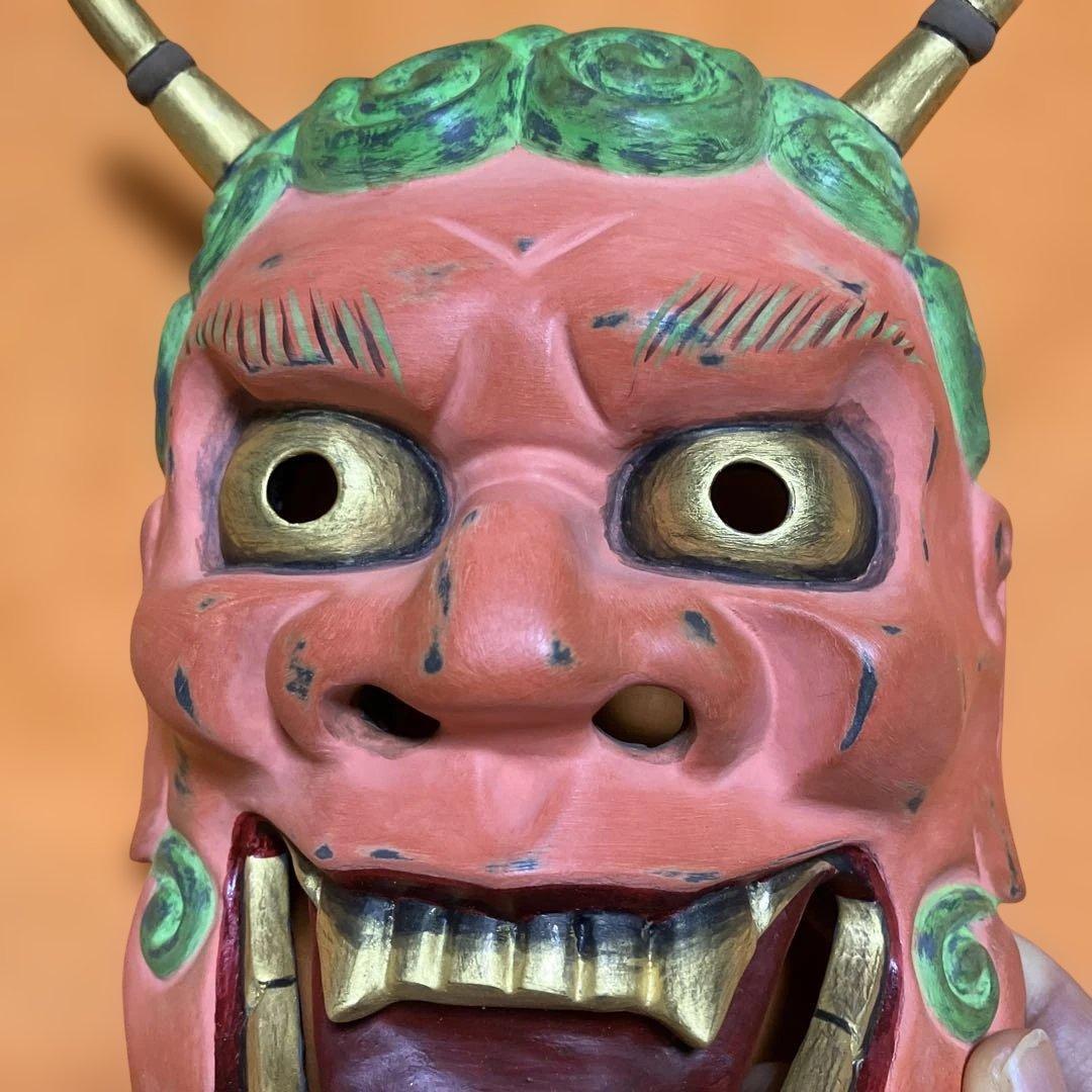 能面　雷　かみなり　木彫り　手彫り　桐箱