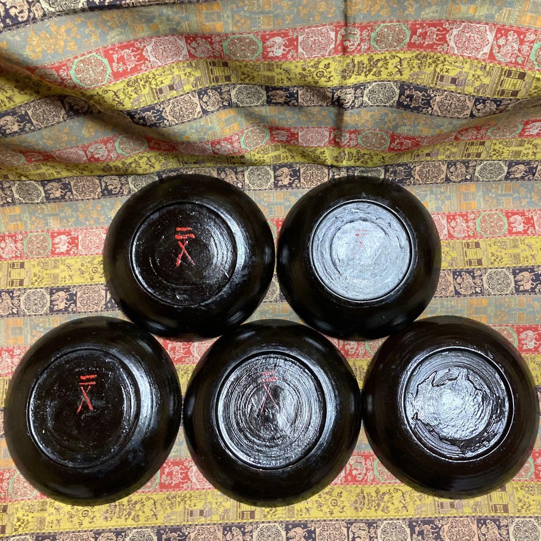 時代 根来塗 盆 5点 民芸（根来 伊万里） 15×2.5cm 木箱入り