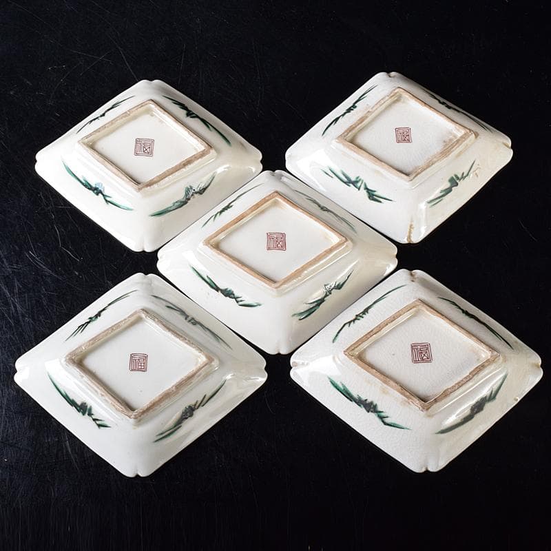 九谷焼　色絵　鳥草文　菱形中皿　五客　時代箱付　M　R8296