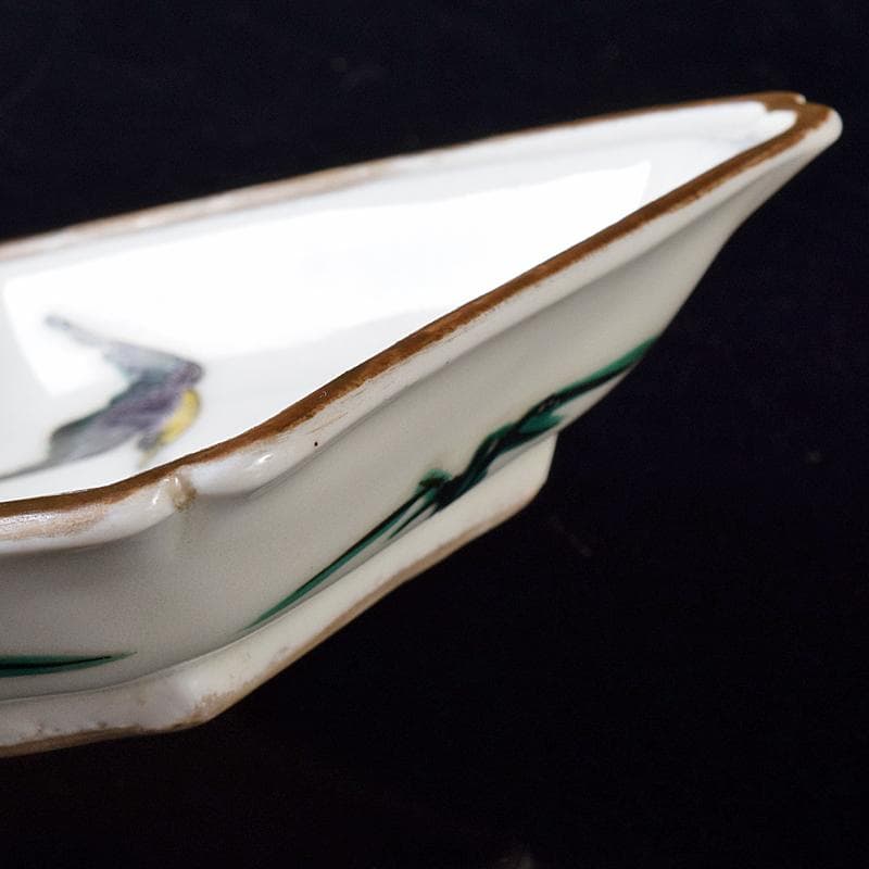 九谷焼　色絵　鳥草文　菱形中皿　五客　時代箱付　M　R8296