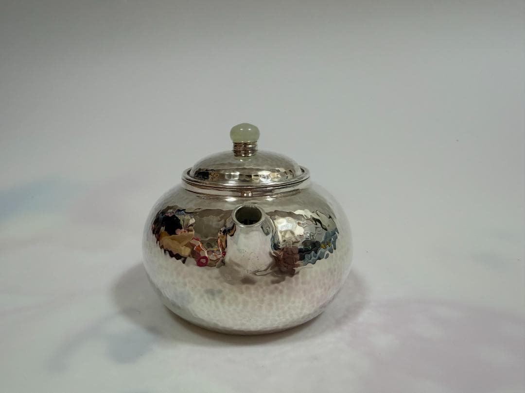 純銀製 丸形 鎚目 玉石摘 急須 銀瓶 煎茶道具