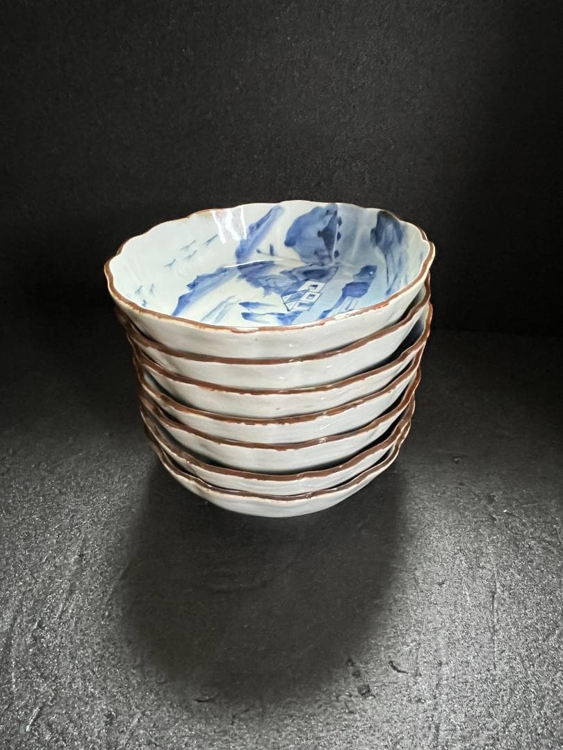 古伊万里　輪花　高台　なます皿　染付　山水　家屋　７客