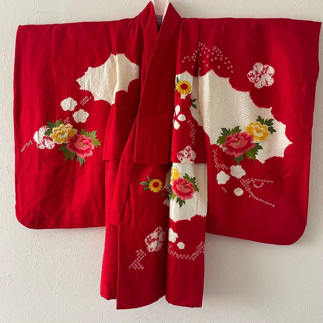 七五三　3歳　正絹お着物セット　ハンドメイド　白総絞り被布