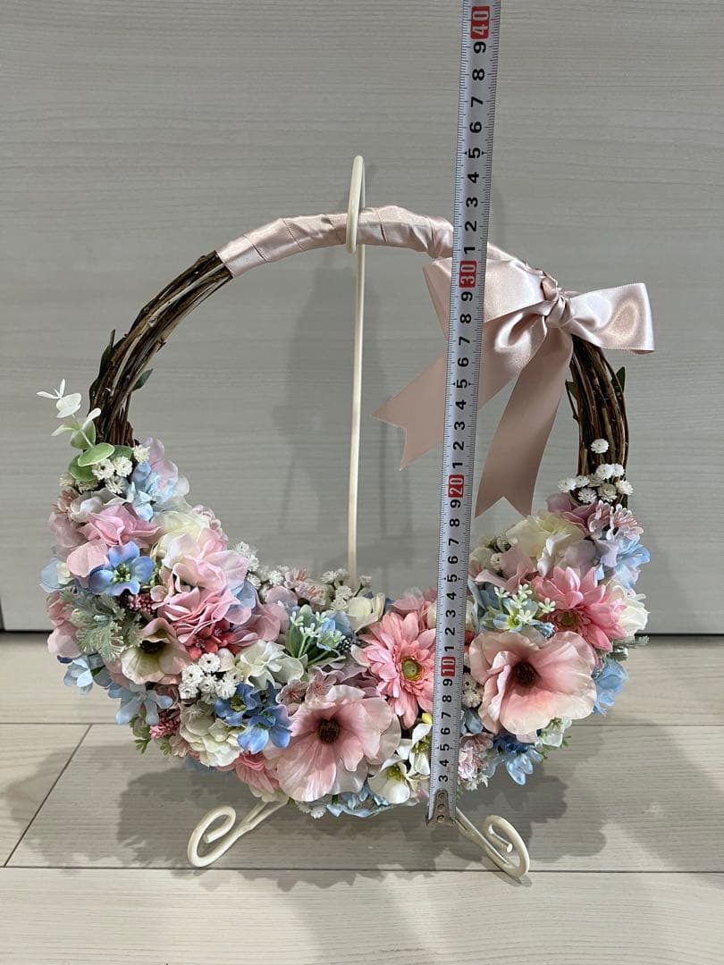 ウェディング リースブーケ ピンクリボン ブートニア付