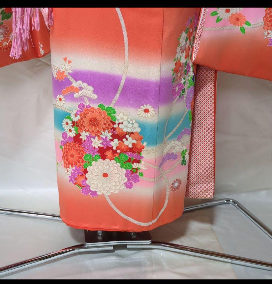 7歳七五三着物 オレンジ色 花柄刺繍付き　全セット