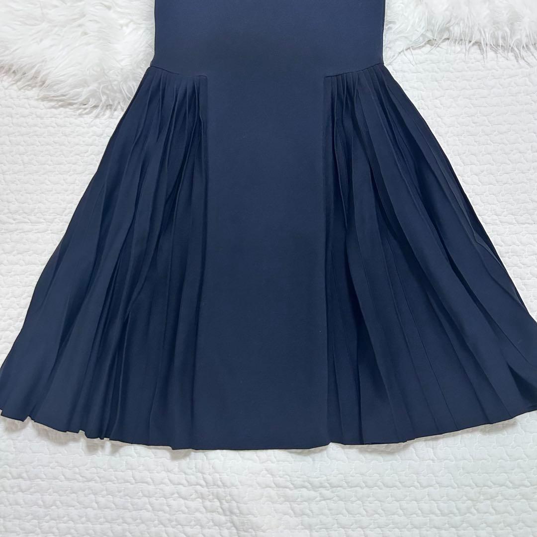美品♡FOXEY サイドプリーツニットワンピース　フレア　38 ダークネイビー