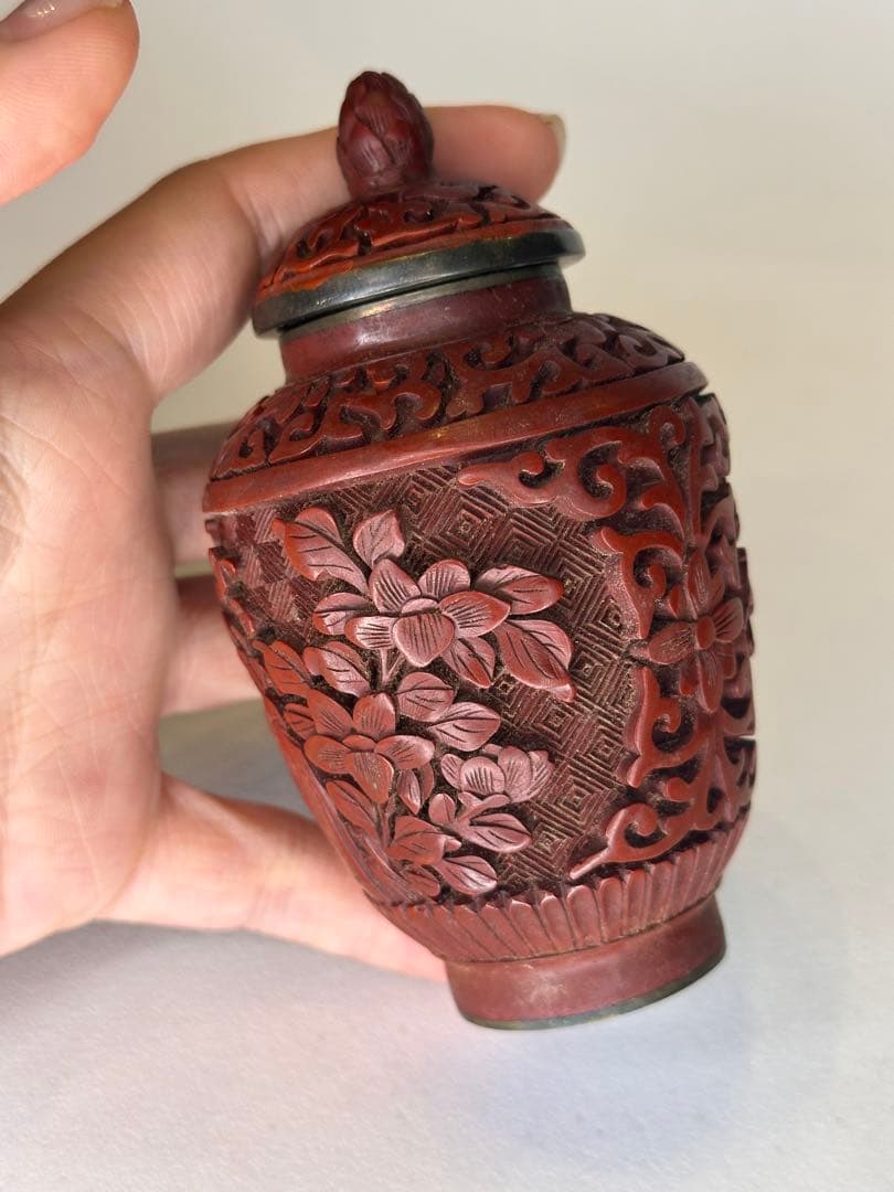 民国時代 剔紅 堆朱 壺 茶入 蓋付 彫漆文 時代物 中国古美術