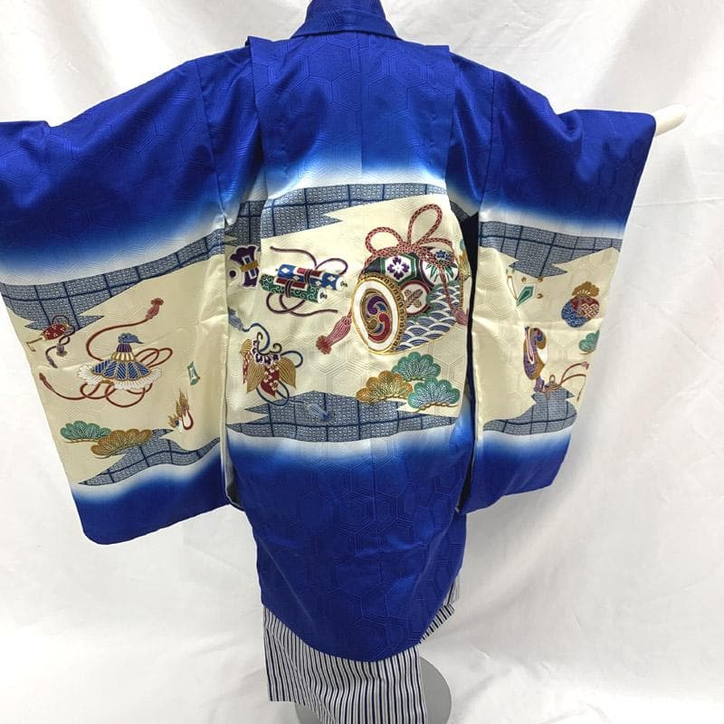 511ab5■七五三 五歳 男児 着物&羽織&袴&角帯 鼓 金駒刺繍■美品